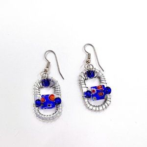Blue/Red Millefiori Glass Beaded Silver Tone Wire Wrapped Pop Tab Earrings